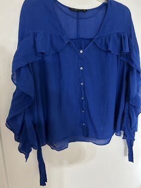 Zara Royal Blue Ruffle Button-Front Blouse